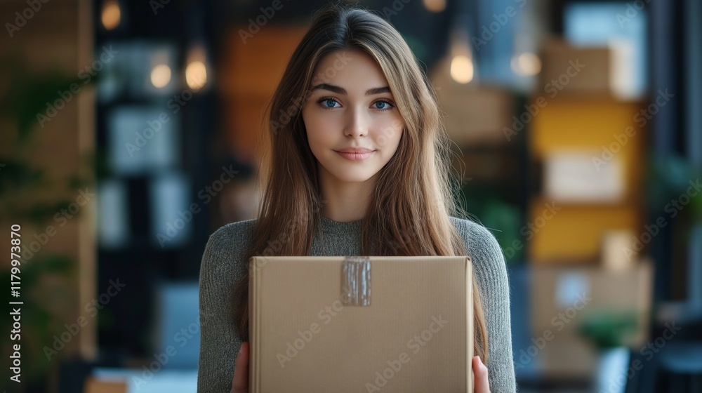 young beautiful business woman sitting at the desk and holds in her hands only the received parcel from the delivery service in a modern office young beautiful business woman sitting at the desk and holds in her hands only the received parcel from the delivery service in a modern office