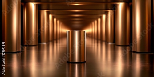 A cylindrical object stands in a corridor lined with gold-colored columns, reflecting light and creating a dramatic atmosphere. Concept Cylindrical Object, Gold-Colored Columns, Light Reflection photo