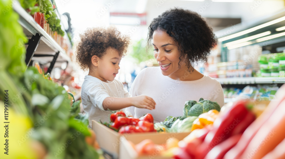 Naklejka premium Mother and child shopping for fresh produce at grocery store, family lifestyle
