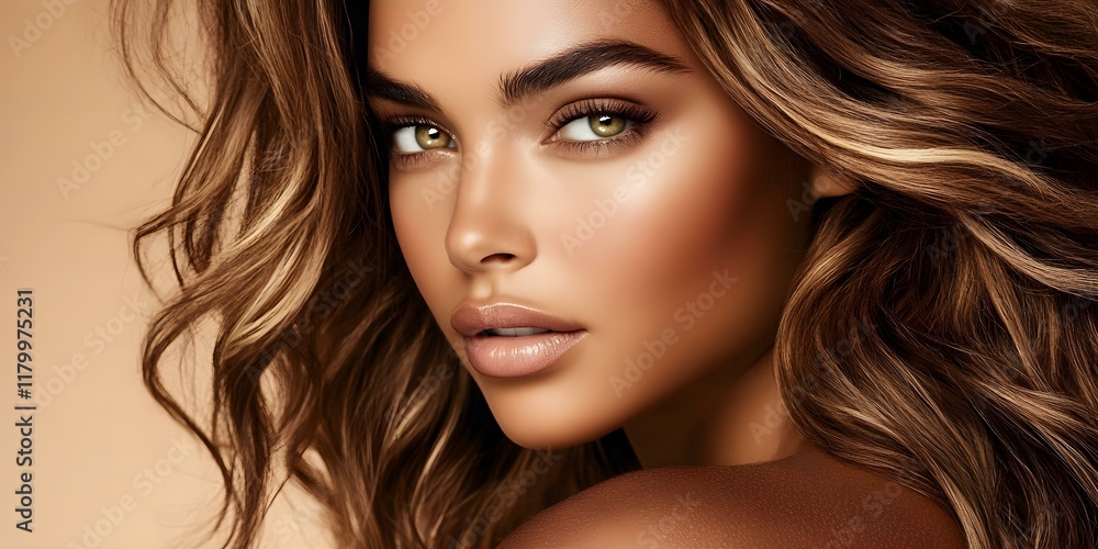 Fototapeta premium A close-up portrait of a person with wavy brown hair and striking green eyes, showcasing a smooth, radiant complexion. Concept Close-Up Portrait, Wavy Brown Hair, Striking Green Eyes