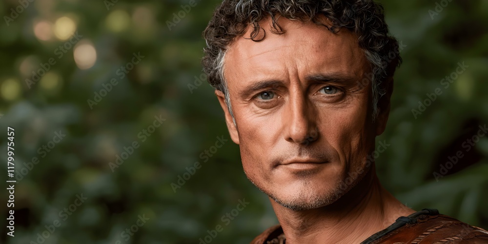 A man with curly hair and a serious expression, dressed in a historical or ancient style attire, against a natural backdrop. Concept Curly Hair Fashion, Historical Attire, Serious Expression A man with curly hair and a serious expression, dressed in a historical or ancient style attire, against a natural backdrop. Concept Curly Hair Fashion, Historical Attire, Serious Expression