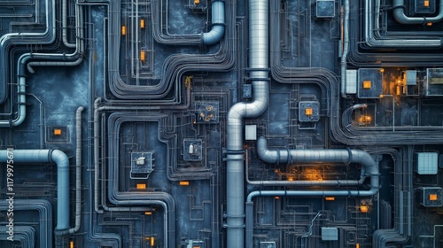 Aerial view of a labyrinthine network of tubes and pipes, suggestive of complex biological systems photo