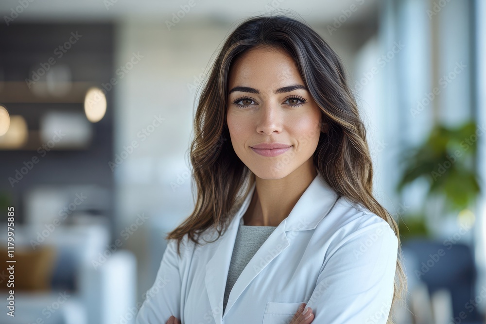 Female doctor or scientist smiling confidently with arms crossed Female doctor or scientist smiling confidently with arms crossed