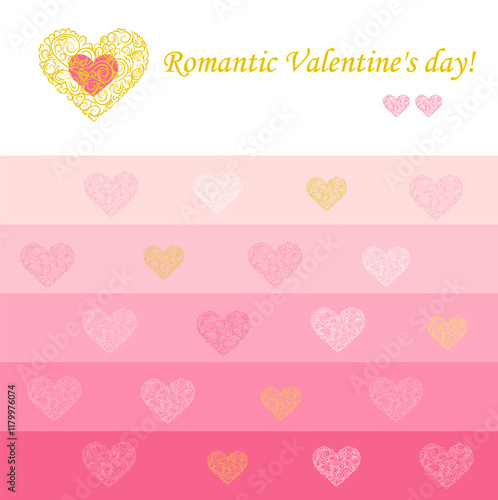 Vector romantic tender card for Valentine's Day with the inscription, patterned hearts of gold color, and different shades of pink on a background of stripes forming a pink gradient.