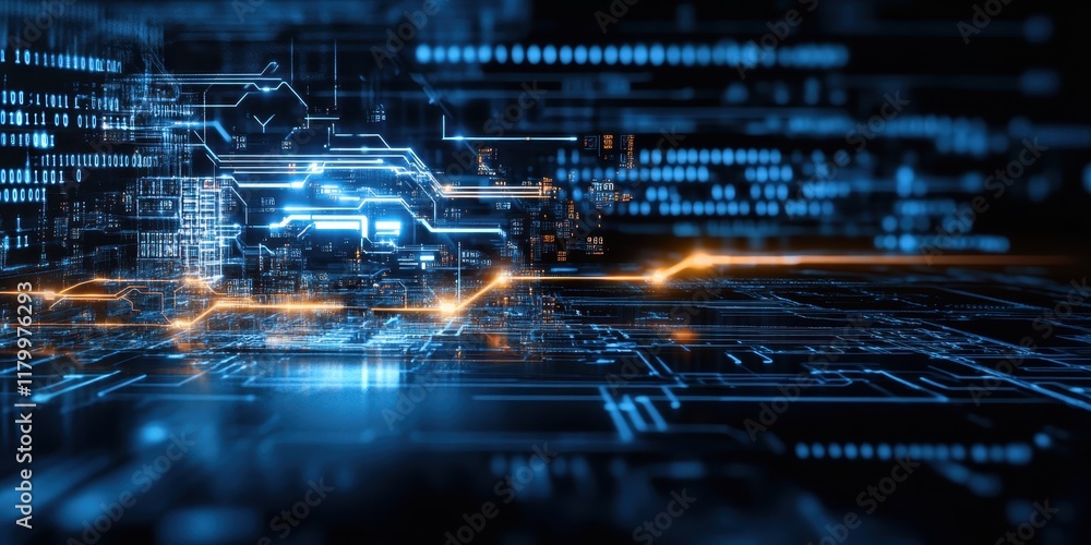 Naklejka premium Digital technology, binary code stream, glowing blue data, futuristic interface, abstract cyber landscape, information flow, network connections, technological background, digital transformation, data