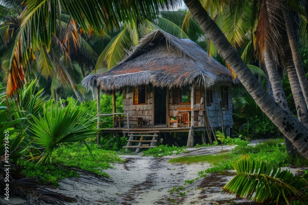 Wooden hut with a thatched roof is nestled among palm trees on a tropical island, creating an idyllic and serene scene Wooden hut with a thatched roof is nestled among palm trees on a tropical island, creating an idyllic and serene scene