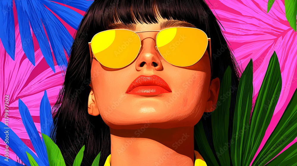 Fototapeta premium A vibrant portrait of a woman with sunglasses, surrounded by colorful tropical leaves, exuding a summer vibe and bold beauty.
