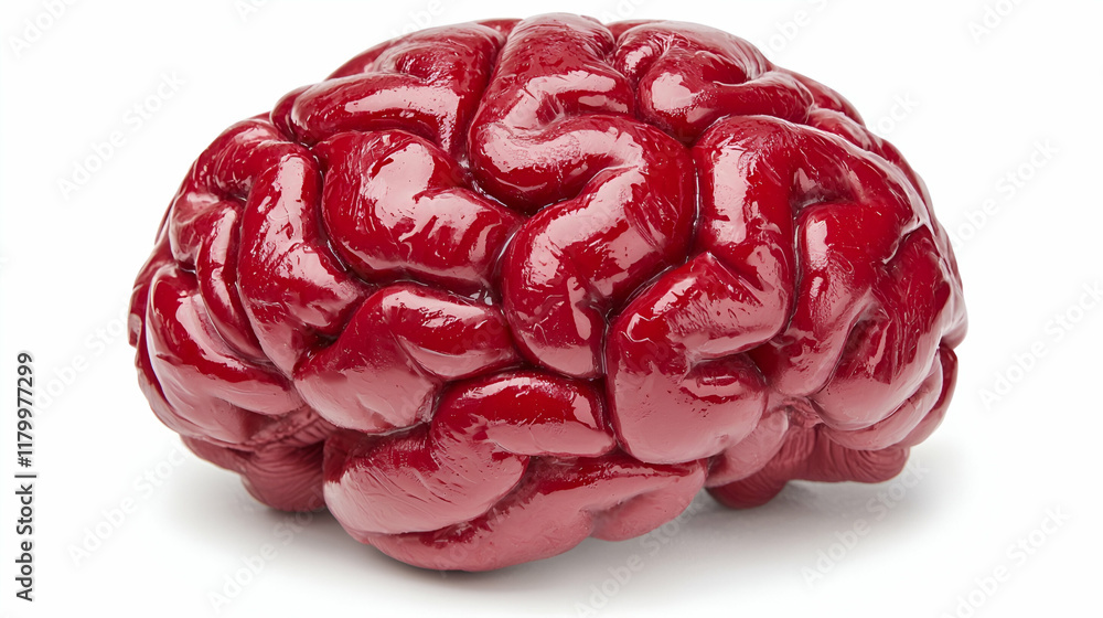 A realistic depiction of a red brain, highlighting its intricate folds and textures, often associated with neurological themes or artistic representations.