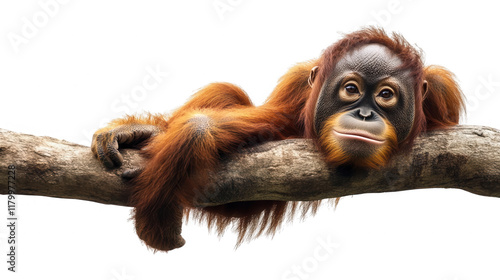 World Wildlife Day-themed orangutan hanging on a tree branch, PNG file, transparent background, isolated on white photo