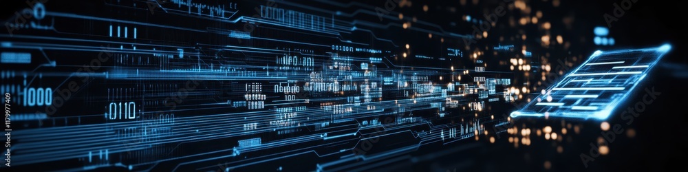 Digital technology, binary code stream, glowing blue data, futuristic interface, abstract cyber landscape, information flow, network connections, technological background, digital transformation, data