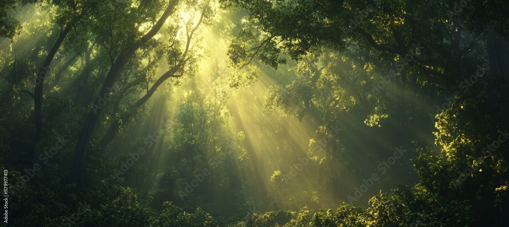 Sunlit Forest: Golden Rays Illuminate Lush Canopy Sunlit Forest: Golden Rays Illuminate Lush Canopy