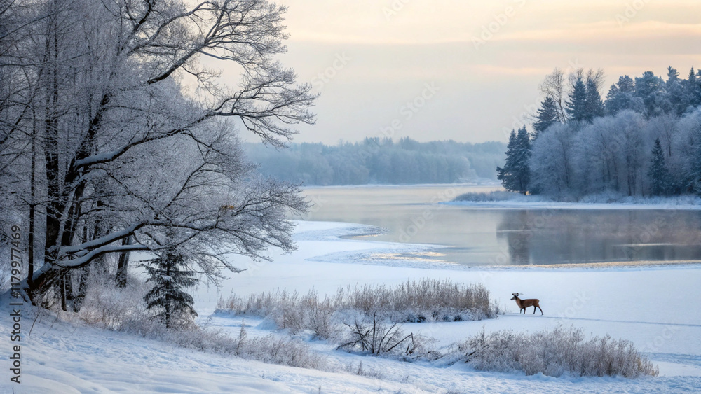 A serene winter scene with a deer by a snowy river, surrounded by evergreen trees. The calm atmosphere and natural beauty are striking, highlighting the peacefulness of the untouched wilderness. A serene winter scene with a deer by a snowy river, surrounded by evergreen trees. The calm atmosphere and natural beauty are striking, highlighting the peacefulness of the untouched wilderness.