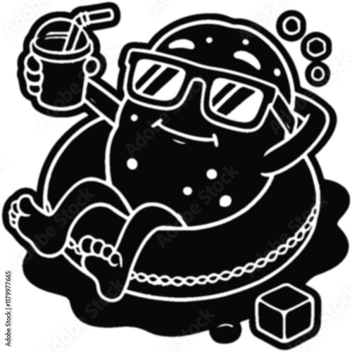 Black and white illustration, cute cartoon character, space themed, astronaut blob, sunglasses, drinking straw, bubble tea, cozy lounging pose, floating in space, chunky style, whimsical, playful, min