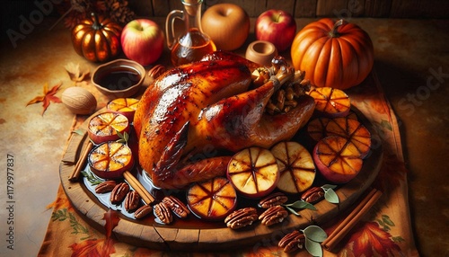 A beautifully roasted turkey paired with autumn-themed decorations and side dishes, creating a warm and inviting holiday ambiance.

