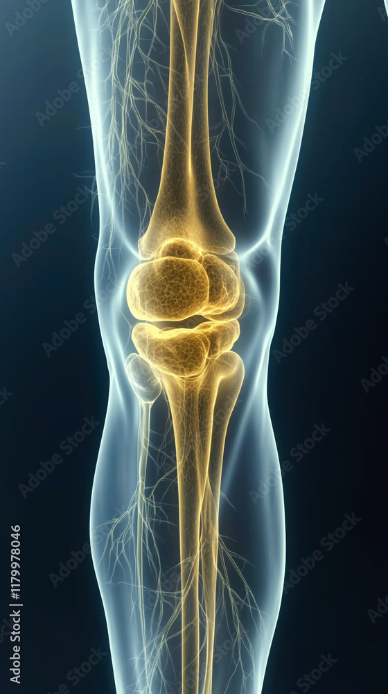 A knee joint is shown in a 3D image with a yellow bone A knee joint is shown in a 3D image with a yellow bone