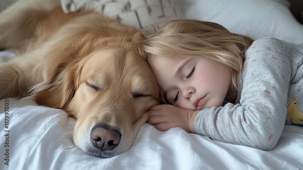 Child and cat sleeping together on the bed Child and cat sleeping together on the bed