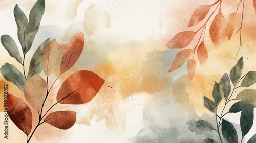 Abstract Watercolor Painting of Autumn Leaves, Earthy Tones, Botanical Artwork, Tranquil Nature Scene, Elegant Fall Foliage Design