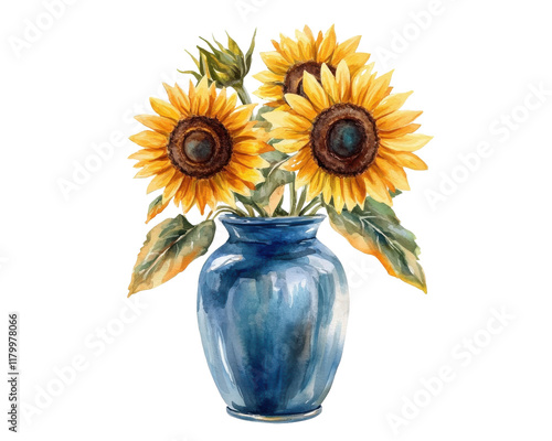 Sunflowers in a blue vase, vibrant colors, artistic watercolor style, white background.