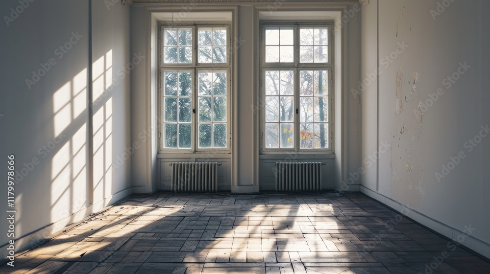 Spacious Empty Room with Two Windows in Beige Interior Spacious Empty Room with Two Windows in Beige Interior
