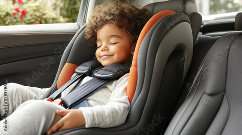Child sleeping in car seat inside the car