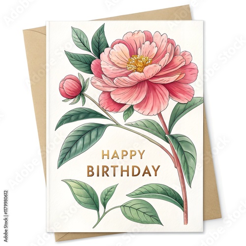 Delicate watercolor illustration of pink flower with birthday text, fresh green leaves, white card