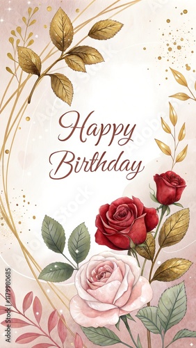 Romantic birthday greeting with floral frame, golden accents, and cursive text on a pastel background