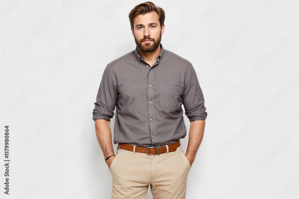 Confident young man casually posing against a plain background. Wearing a smart-casual outfit with neutral tones. Ideal for concepts related to fashion, lifestyle, and professionalism. Confident young man casually posing against a plain background. Wearing a smart-casual outfit with neutral tones. Ideal for concepts related to fashion, lifestyle, and professionalism.