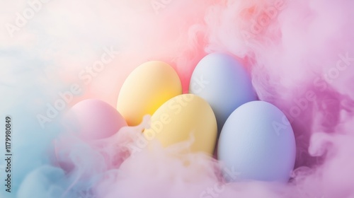 Colorful eggs surrounded by soft pastel smoke create a whimsical atmosphere for spring celebrations