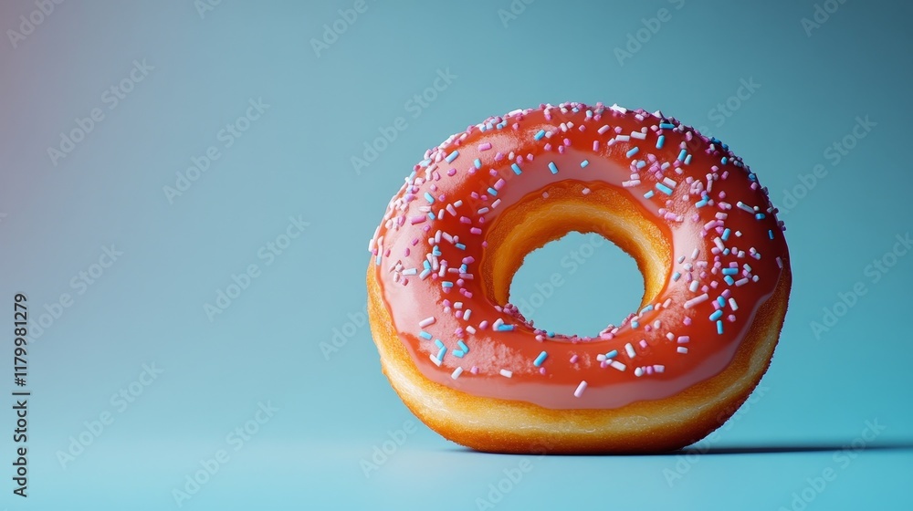 A donut with sprinkles on it is sitting on a blue background A donut with sprinkles on it is sitting on a blue background