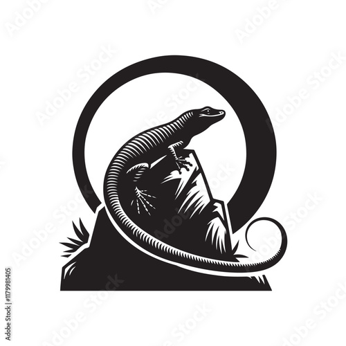 Lizard on a rock silhouette vector liner art illustration black color design and solid white background