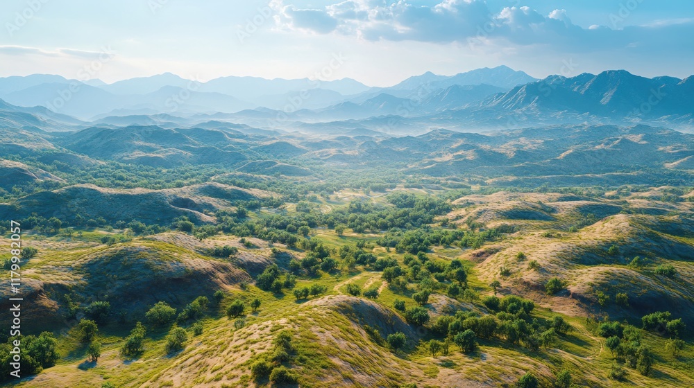Fototapeta premium Serene Rolling Hills Landscape Breathtaking Mountain View Sunny Day Nature Scenery