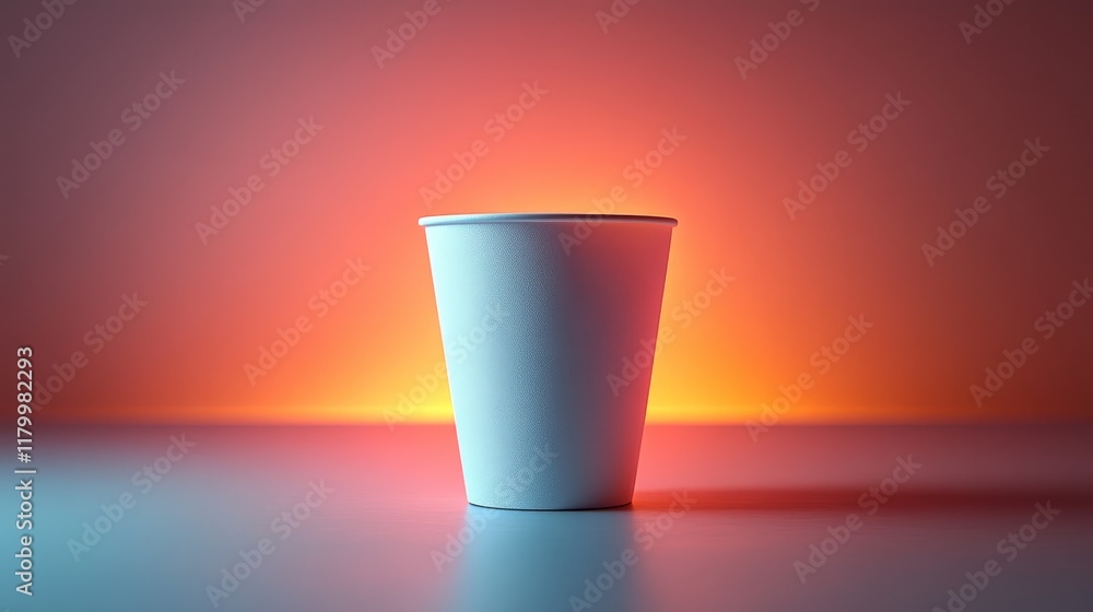 A white styrofoam cup is sitting on a table in front of a red wall A white styrofoam cup is sitting on a table in front of a red wall