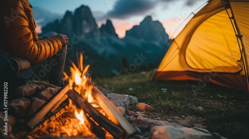 traveler sitting by a campfire under the stars, with a cozy tent pitched nearby and mountains photo