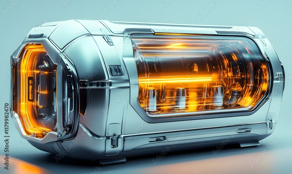 Obraz premium Futuristic metallic container with glowing orange core.