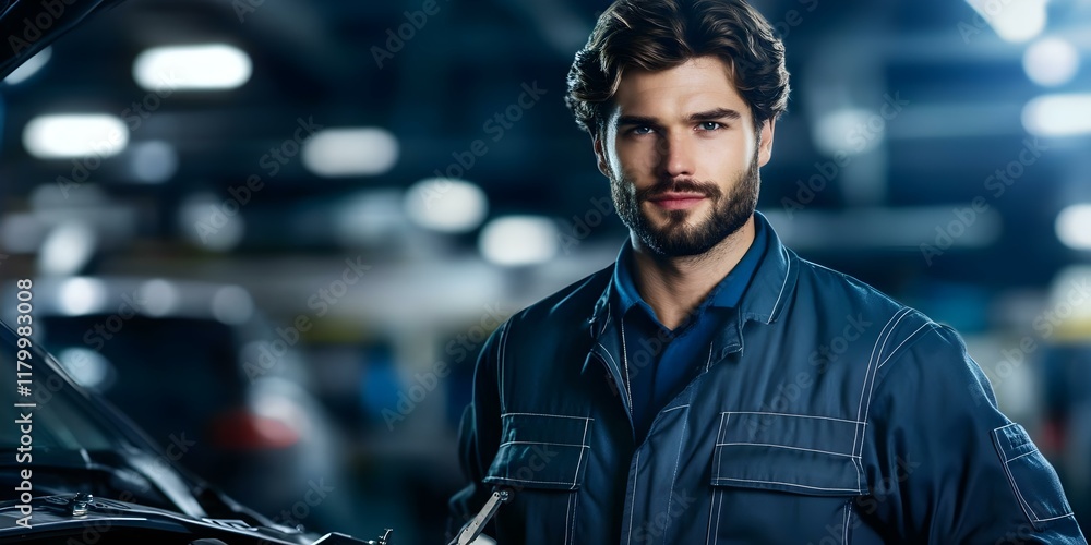 A young man in a mechanic's uniform stands confidently in a garage, with a well-lit background of vehicles and equipment. Concept Mechanic's Uniform, Confident Posture, Garage Setting A young man in a mechanic's uniform stands confidently in a garage, with a well-lit background of vehicles and equipment. Concept Mechanic's Uniform, Confident Posture, Garage Setting