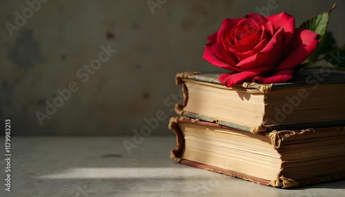 Libros y rosa roja para el Día del Libro, Sant Jordi en Cataluña. Fondo con espacio para texto