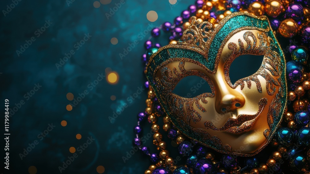 Fototapeta premium Mardi gras banner background. Golden carnival mask with colorful beads