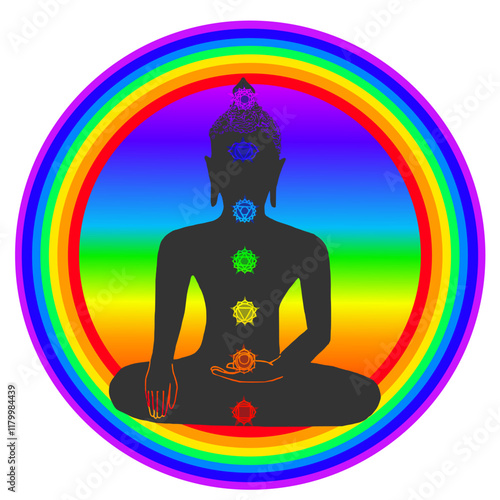 Vector silhouette of buddha with chakra symbols on a transparent background. The buddha figure is showing the Bhumisparsha (Earth Witness) Mudra