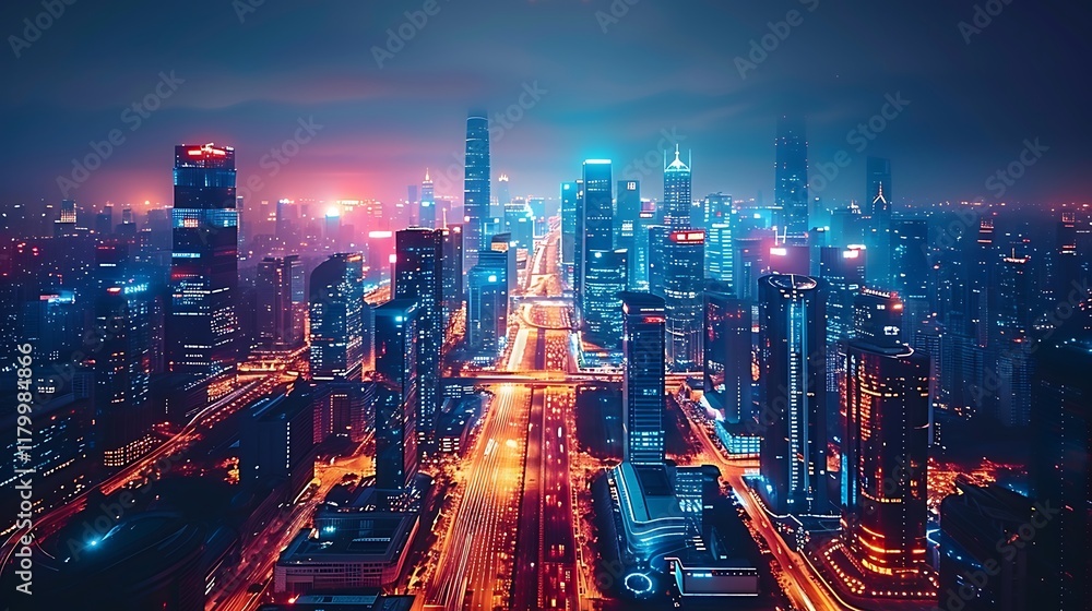 Night View of a Vibrant City Skyline with Illuminated Buildings Night View of a Vibrant City Skyline with Illuminated Buildings