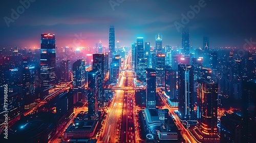 Wallpaper Mural Night View of a Vibrant City Skyline with Illuminated Buildings Torontodigital.ca