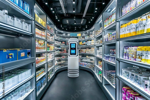 Robotic assistant in a futuristic grocery store showcasing modern shopping technology and various product displays