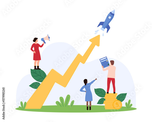 Progress of business product development, value growth of new idea, company startup. Tiny people launch speed rocket into sky, high up project profits and arrow chart cartoon vector illustration
