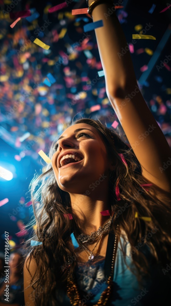 Fototapeta premium a woman is smiling while holding up confetti
