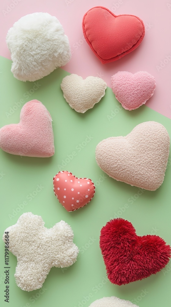 Obraz premium Colorful, plush heart shapes in various sizes and textures are arranged on a pastel background, creating a playful and cozy atmosphere.