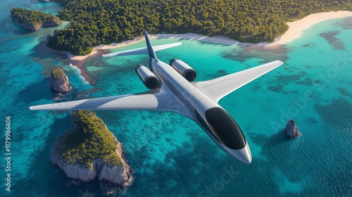 airplane with a sleek, energy-efficient design flying over a tropical island with turquoise waters photo