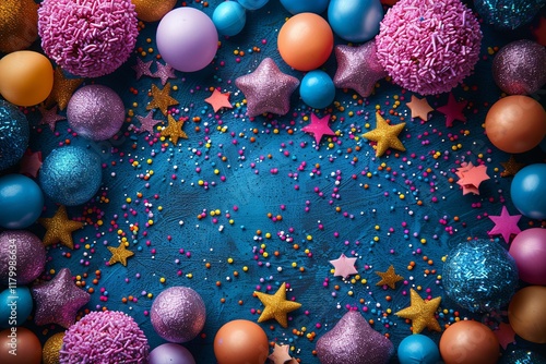 Colorful background with a lot of different colored sweet balls and stars. Colorful assortment for birthday party celebration