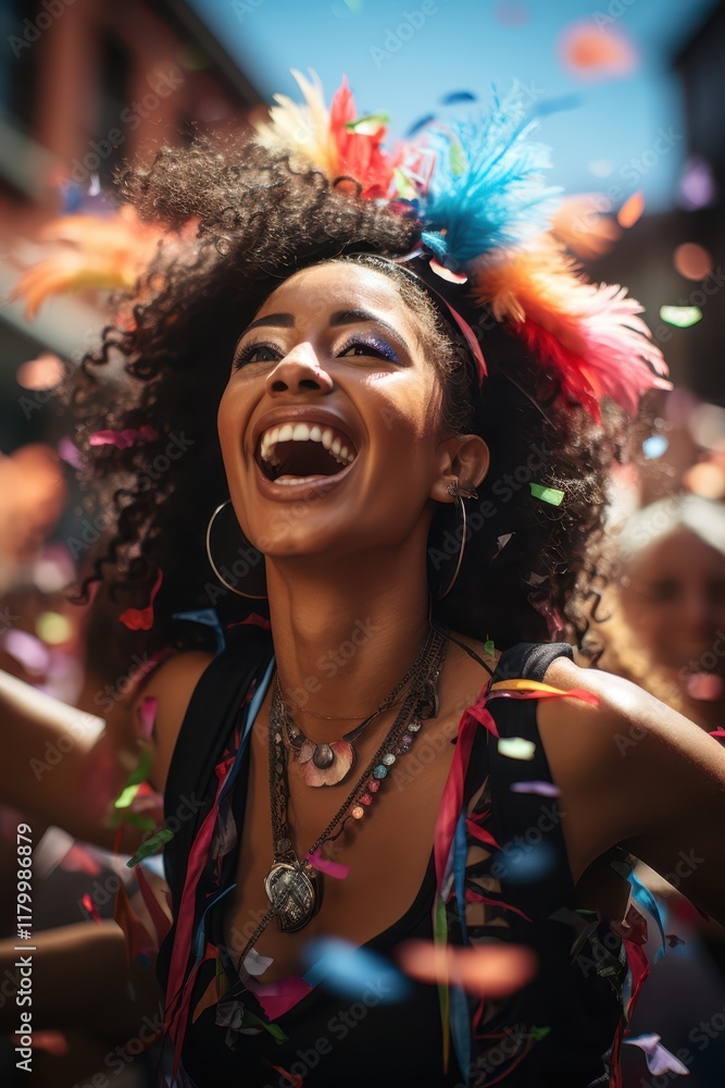 a woman with colorful feathers and a smile a woman with colorful feathers and a smile