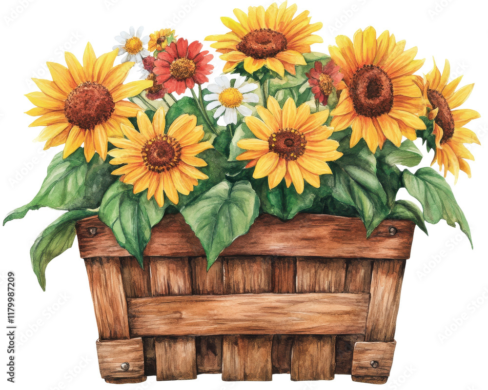 Obraz premium Vibrant bouquet of sunflowers and wildflowers in a wooden basket.