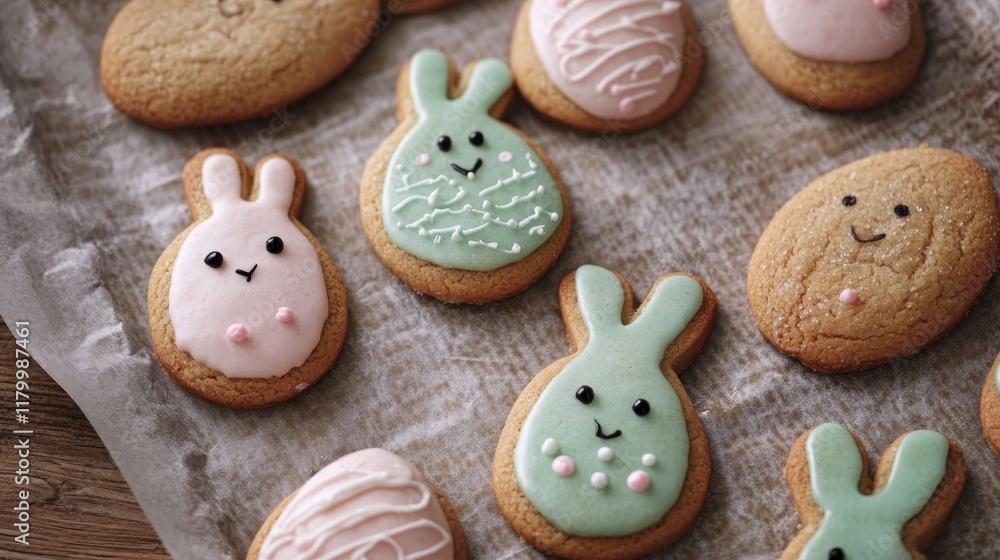Easter cookies decorated with pastel icing in the shape of bunnies and eggs arranged on a baking tray in natural light Easter cookies decorated with pastel icing in the shape of bunnies and eggs arranged on a baking tray in natural light