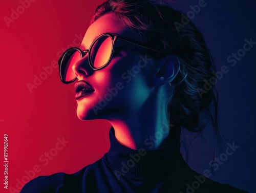 Vibrant neon portrait, woman wearing aviator sunglasses, blue and pink lighting, dramatic contrasts, 80s retro aesthetic, cyberpunk style, high fashion, close-up shot, glossy lips, intense colors, ref photo